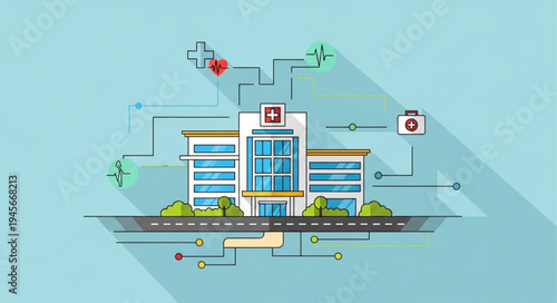 Modern Hospital Building with Medical Icons and Greenery.