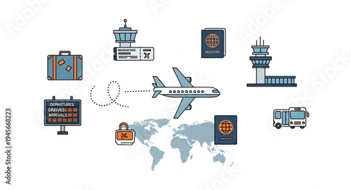 International Air Travel and Logistics Illustration with Airplane and Airport Elements.
