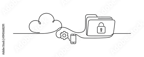 Cloud data security with mobile access and gear icon, single line drawing. Abstract single line drawing illustrating secure cloud storage, mobile device connectivity, and