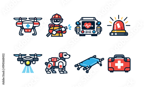 Emergency rescue and medical equipment icons including drones, firefighter, and robot dog. A collection of flat design icons representing emergency services, medical aid, and