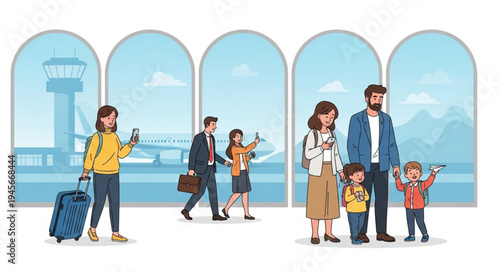 Airport Scene - Families and Travelers at the Terminal.