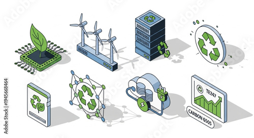 Isometric Green Technology Icons - Sustainable Tech Solutions for a Greener Future.