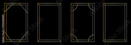 Thin golden frame set. Gold rectangle border collection in art deco style. Thin linear shining rectangular shape bundle. Brass glowing shiny boarder element pack for photo, cadre, poster, card. Vector