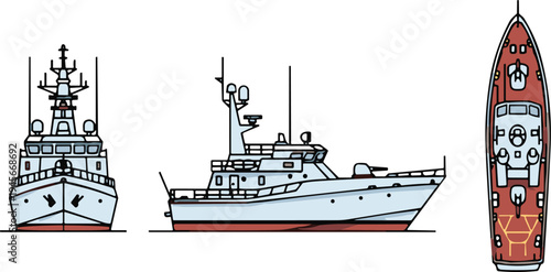 Naval, patrol, boat, illustration, set, military, ship, vector, drawing, maritime, vessel, design, blueprint, navy, coast, guard, warship, defense, top, side, front, view