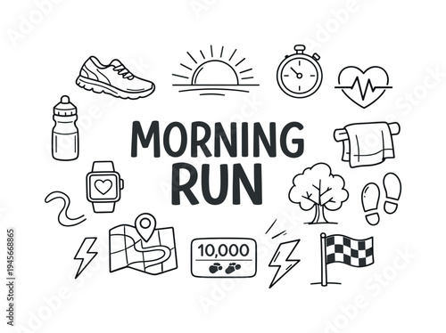Morning run doodle icons and text for fitness and healthy lifestyle. A collection of hand-drawn icons representing a morning run, including a running shoe, water bottle, smartwatch