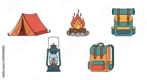 Camping gear and equipment illustration set.