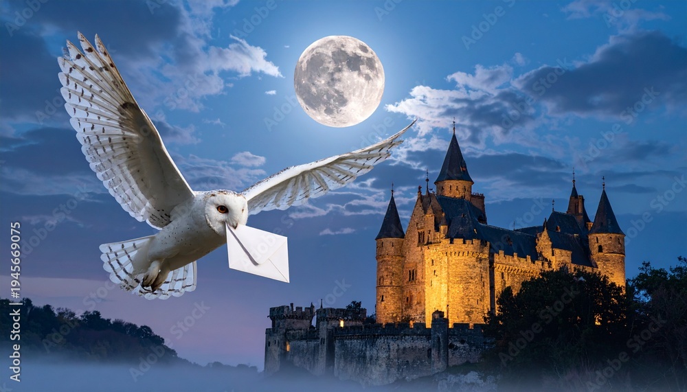 Obraz premium White Owl Carrying Letter Flying Over Magic School Castle Under Full Moon