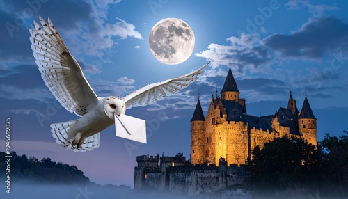 White Owl Carrying Letter Flying Over Magic School Castle Under Full Moon