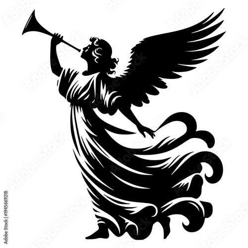 A black silhouette of an angel blowing a trumpet with wings spread wide in a dynamic pose