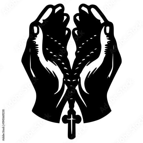 A pair of praying hands clasped together with a rosary and cross in a simple black silhouette vector graphic