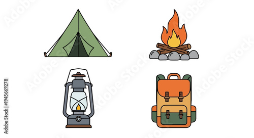 Camping gear and outdoor equipment icons.