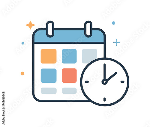 Calendar and clock icon representing time management and scheduling concepts. A stylized illustration combining a calendar grid with a clock face, symbolizing planning, deadlines