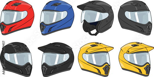 Motorcycle helmet collection with full face and off road helmets protective riding gear vector illustration