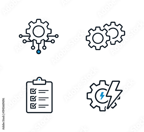 Set of four icons representing technology, workflow, and energy concepts. Collection of four distinct line art icons symbolizing technological integration, mechanical processes