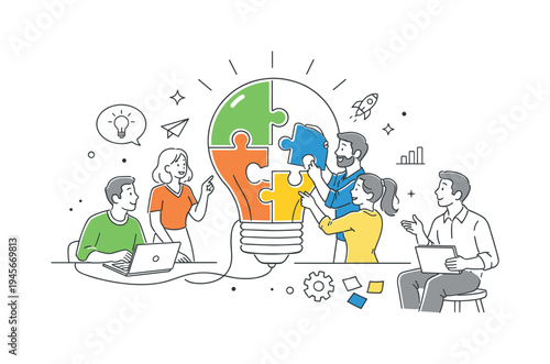 Young professionals collaborating in a creative workshop while exploring new ideas and developing innovative solutions for a shared project, visual metaphor of a large light bulb connected