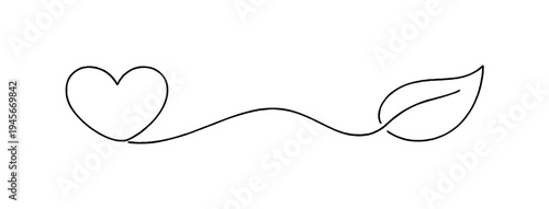 Minimalist continuous line drawing of a heart connected to a leaf by a flowing line. A simple, elegant single-line illustration symbolizing the connection between love and nature