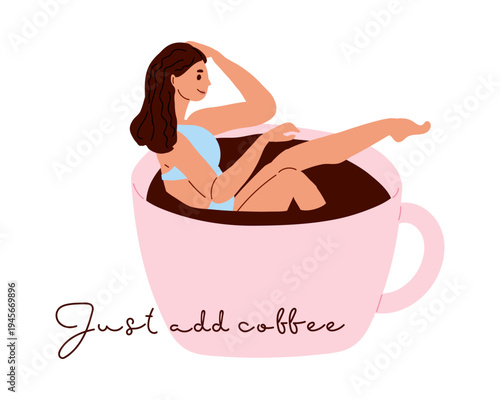 Smiling girl siting in cup filled with coffee. Just add coffee text. Vector illustration with giant coffee cup for coffee lovers, morning ritual, caffeine joy merchandise for coffee brands, cafe.