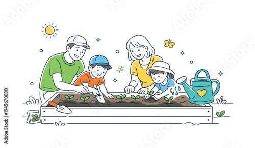 A family enjoying a calm weekend activity while planting vegetables together and learning simple gardening skills in their backyard, visual metaphor of a large raised garden bed with young