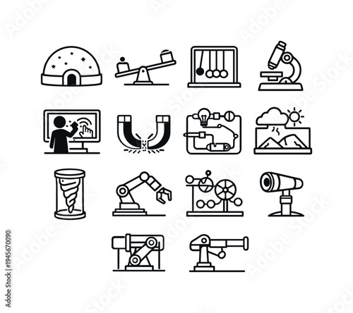 Collection of science and technology icons representing physics and engineering concepts. A diverse set of line art icons illustrating scientific principles and technological