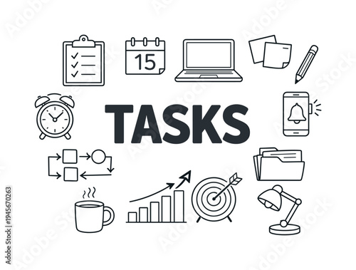 Tasks and productivity icons arranged around the word tasks. A collection of hand-drawn icons representing productivity, planning, and work, centered around the word 'Tasks' on a