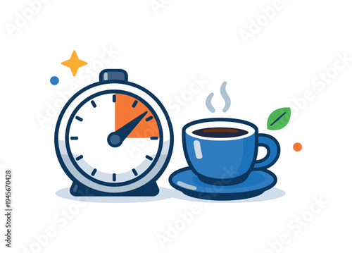 Alarm clock and steaming coffee cup, symbolizing morning routine and productivity. A stylized illustration of a clock face with an orange segment and a blue cup of hot coffee