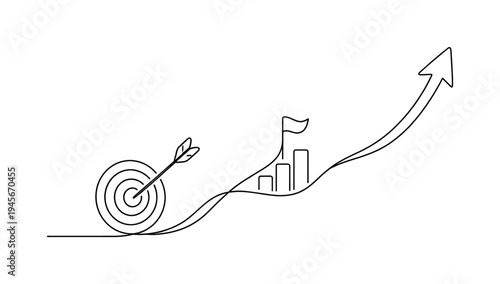 Target achieved with arrow and upward trending graph symbolizing success. A minimalist line drawing depicts an arrow hitting a bullseye target, followed by a rising bar graph