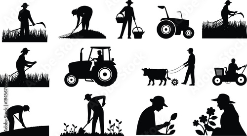 Set of black silhouettes featuring farmers working in fields with tractors, plowing with cows, gardening, harvesting crops, planting seeds, and agricultural machinery,