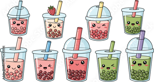 Cute bubble tea drinks with tapioca pearls kawaii cartoon boba milk tea cups set vector illustration