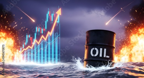 Oil barrel and rising chart in fiery, turbulent waters, symbolizing energy market volatility and global economic crisis.
