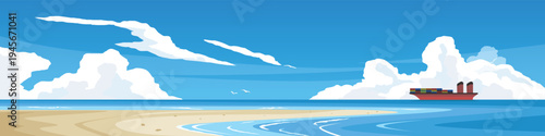 Horizontal or Landscape view transport of container ships ocean trajectory. Vast sandy beaches and the vast ocean. with bird in the center under blue sky and white clouds.