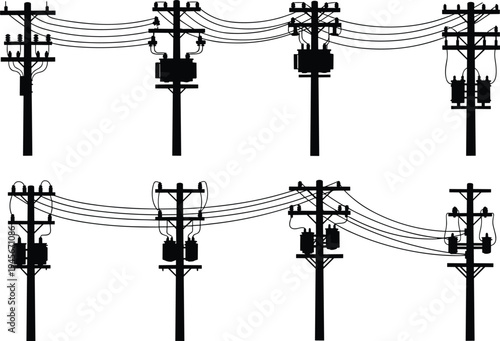 Electric utility pole silhouettes with transformers and overhead power lines, electricity distribution infrastructure, energy transmission network, electrical grid system illustration set