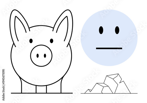 Financial planning, emotional balance, minimalism, savings, decision-making, money management. Illustrated piggy bank, neutral emotion face and broken objects. Financial planning and emotional