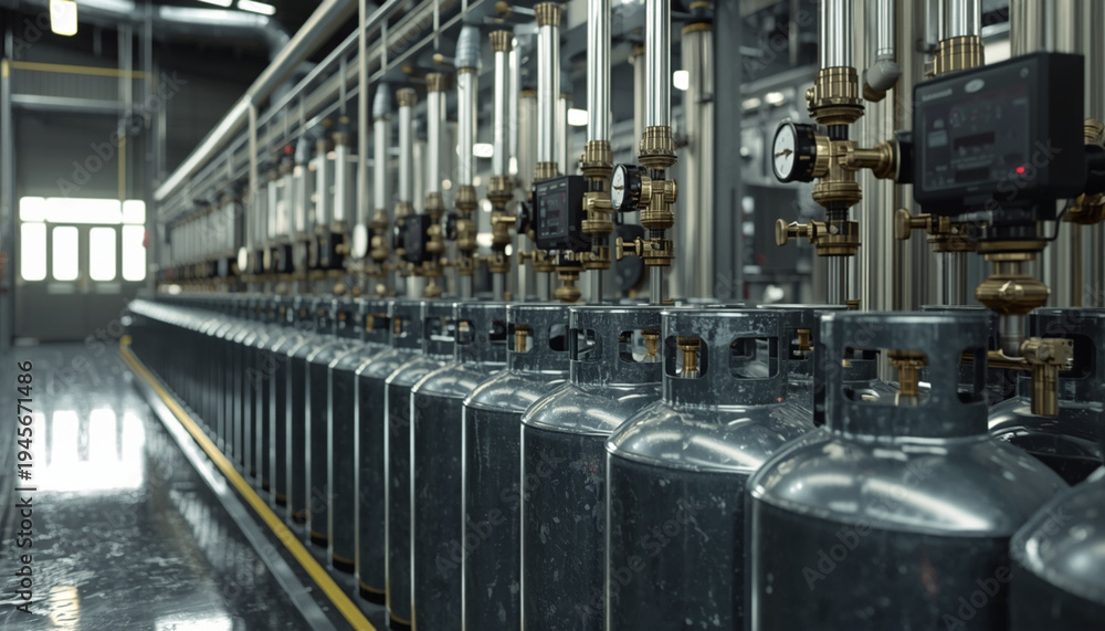 Naklejka premium A row of industrial gas cylinders in a factory