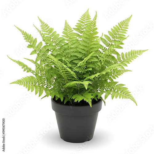 Lush green fern plant in a black pot on display