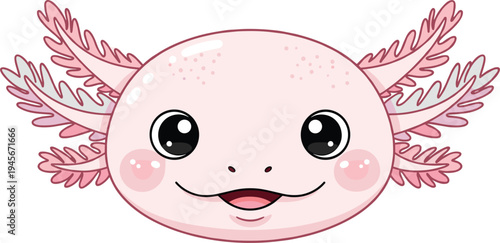 Cute axolotl face smiling kawaii cartoon amphibian character with pink frilled gills adorable aquatic animal vector illustration