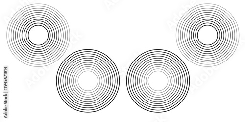 Black concentric circle set. Sonar or sound wave ring collection. Dotted and linear epicentre, target, radar icon concept. Ripple radial signal or vibration elements. Vector line and halftone symbols