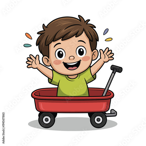 Joyful young boy with brown hair sitting in a red wagon, arms raised in excitement and happiness, colorful confetti in the air.
