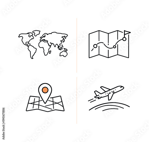 Travel and navigation icons: world map, route, location pin, and airplane. A collection of four minimalist line art icons representing global travel, route planning, pinpointing