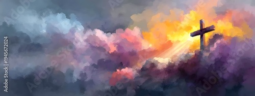 A powerful spiritual cross stands strong against a dramatically vibrant painterly sky with impressionistic clouds in bright orange yellow and deep pur