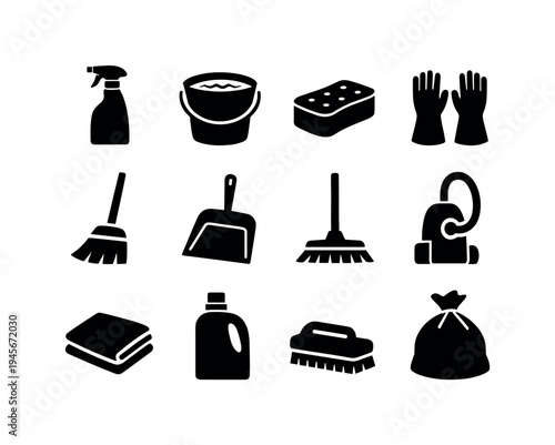 Collection of black cleaning supplies icons on a white background. A set of twelve distinct black icons representing various cleaning tools and supplies, arranged in a grid on a