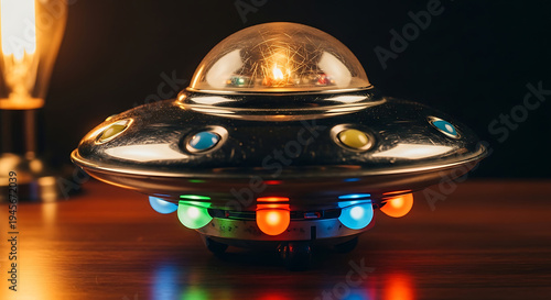vintage glowing toy ufo with colorful lights on a dark wooden table capturing the nostalgia of retro science fiction.