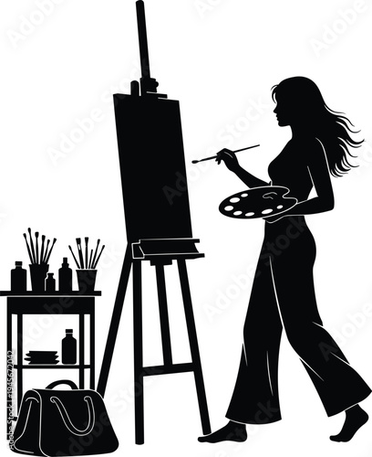 Female artist painting on canvas silhouette with easel, palette and brushes, creative art studio activity, woman painter illustration concept