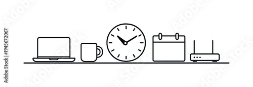 Remote work organization and balanced digital productivity for modern professionals managing tasks from home while maintaining focus and structured daily workflow, laptop, coffee mug, wall