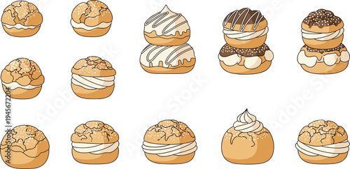 Cream puff choux pastry dessert collection with chocolate glaze powdered sugar and cream filling bakery sweets vector illustration