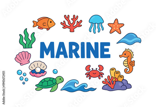 Marine life illustration with colorful sea creatures and the word MARINE. A vibrant collection of cartoon sea animals and elements arranged around the word MARINE, perfect for