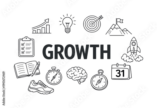 Growth concept with icons representing progress, ideas, goals, and success. A collection of hand-drawn icons symbolizing business growth, personal development, and achievement