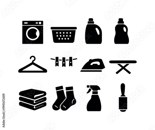 Laundry and cleaning icons set for household chores and domestic tasks. A collection of black silhouette icons representing various laundry and cleaning supplies and equipment for