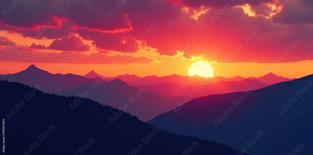 Obraz premium Silhouetted mountain range against fiery sunset sky, peak, outdoor, scene