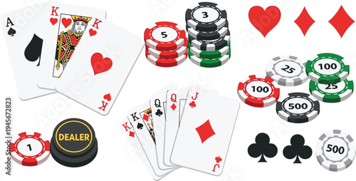 Poker casino elements set with playing cards chips dealer button and card suits gambling game vector illustration