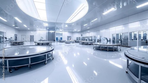 Modern, sterile cleanroom interior with advanced circular tables and bright lighting, suitable for high-tech research.